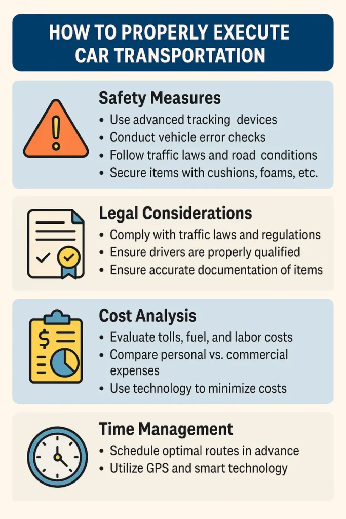The Ultimate Guide to Rena Monrovia When You Transport Something by Car 2 Infographic showing safety, legal, cost, and time management steps to properly execute car transportation by Rena Monrovia.