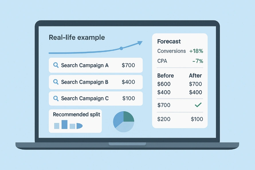 What does Performance Planner automatically do? 3 Laptop Screen Showing A Budget Split Across Three Search Campaigns With A Forecast That Raises Conversions And Lowers Cpa.