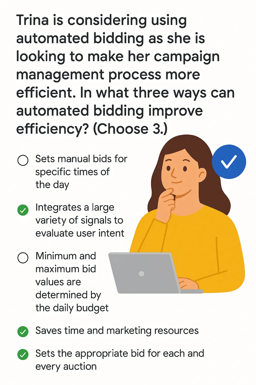 Flat Digital Illustration Featuring A Multiple-Choice Google Ads Question About How Automated Bidding Improves Campaign Efficiency, With Three Correct Answers Marked.