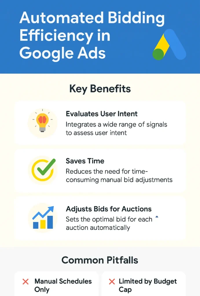 Trina is considering using automated bidding as she is looking to make her campaign management process more efficient. In what three ways can automated bidding improve efficiency? (Choose 3.) 2 Infographic titled "Automated Bidding Efficiency in Google Ads" showing how automated bidding helps by saving time, evaluating user intent, and adjusting bids per auction.