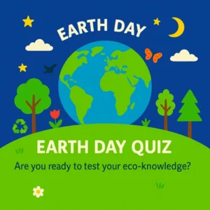 Illustration Of Earth Day Quiz With Earth, Trees, And Eco-Friendly Symbols Encouraging Users To Test Their Environmental Knowledge.