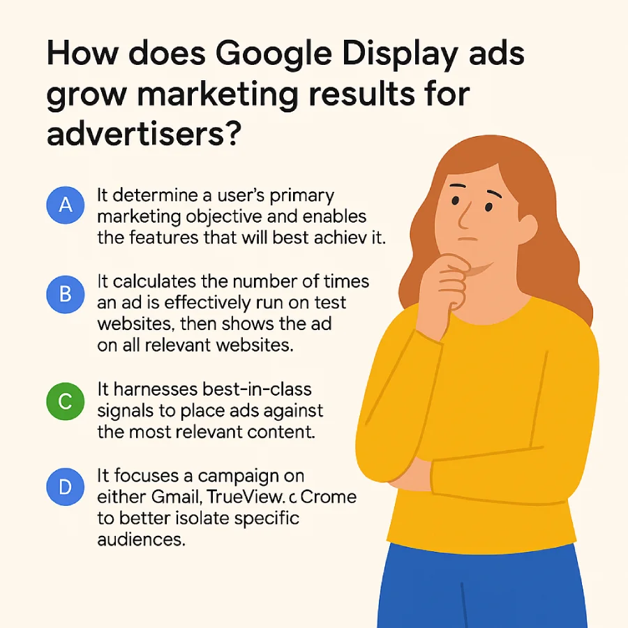 Flat-style illustration of a woman analyzing performance data with a bar graph showing signal types in Google Display Ads, symbolizing automated ad targeting.