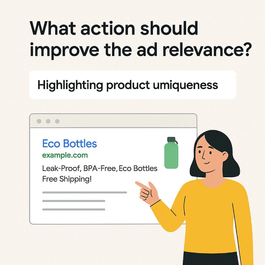 Educational infographic titled “How to Improve Ad Relevance and Boost Ad Rank,” showing that highlighting product uniqueness increases relevance, while negative keywords, broad targeting, and UX improvements do not directly affect ad relevance.