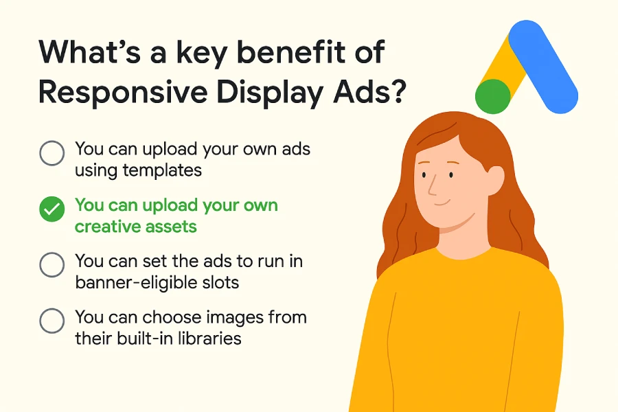 Flat-style digital illustration answering a Google Ads question about responsive display ads, highlighting the key benefit of uploading custom creative assets.