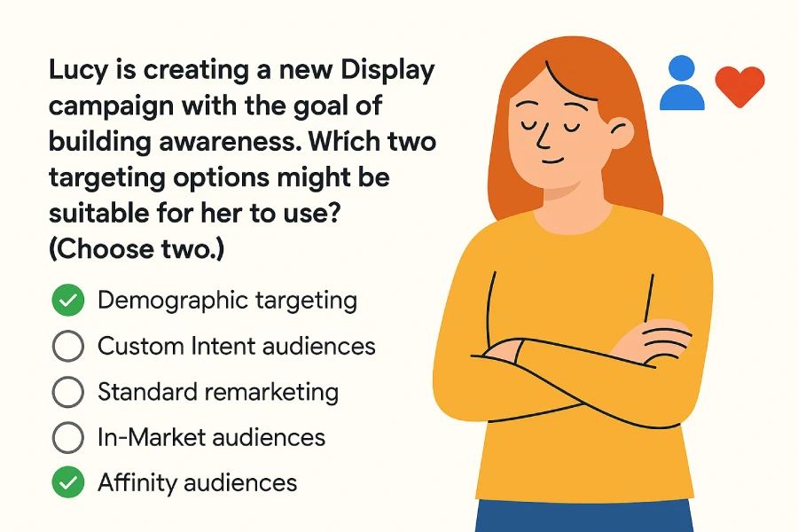 Flat-Style Digital Illustration Of Lucy Planning A Google Display Campaign For Awareness, With Demographic Targeting And Affinity Audiences Marked As Correct Targeting Options.