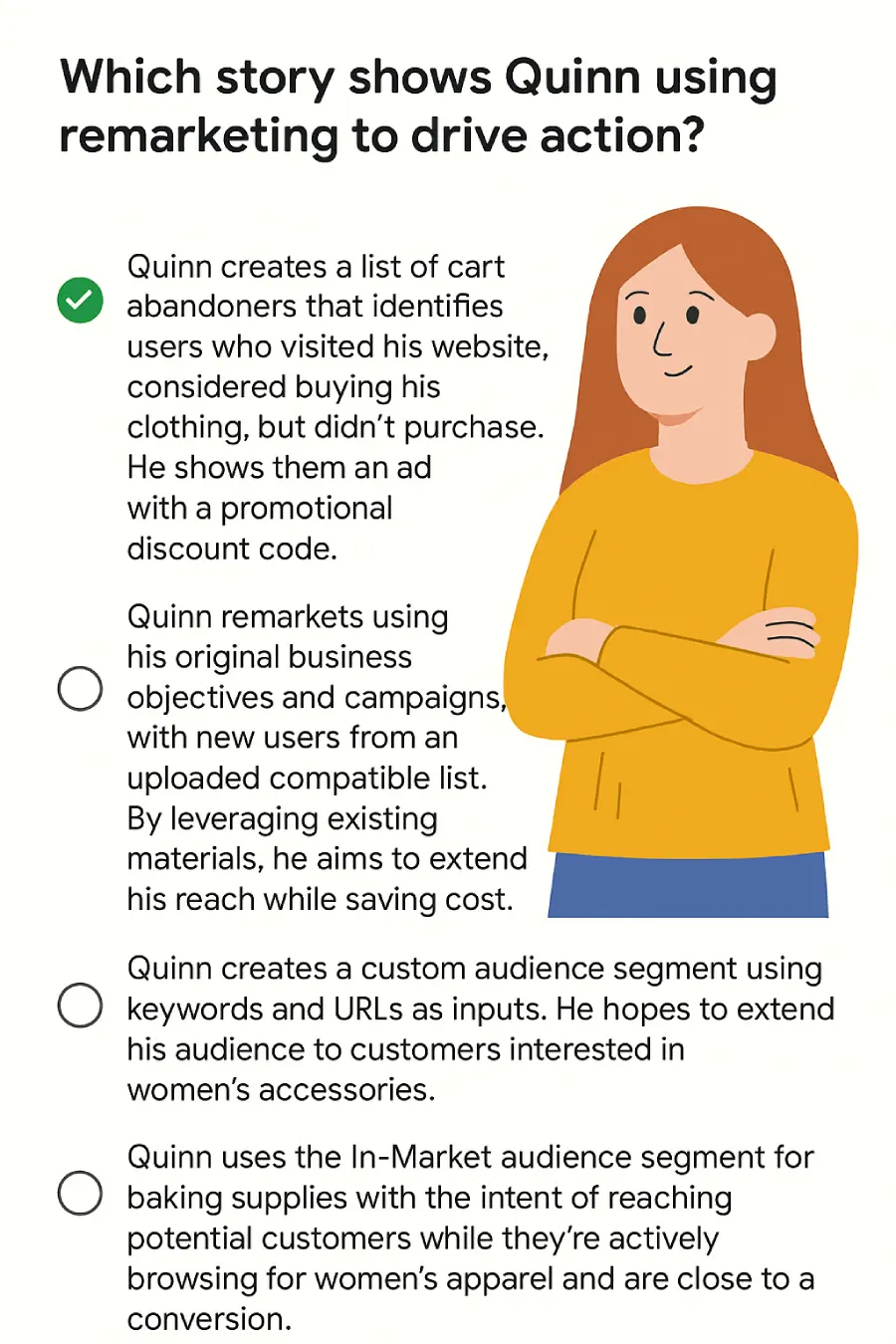 Educational 2D graphic showing a multiple-choice question about Google Ads remarketing, with cart abandoner retargeting highlighted as the correct answer.
