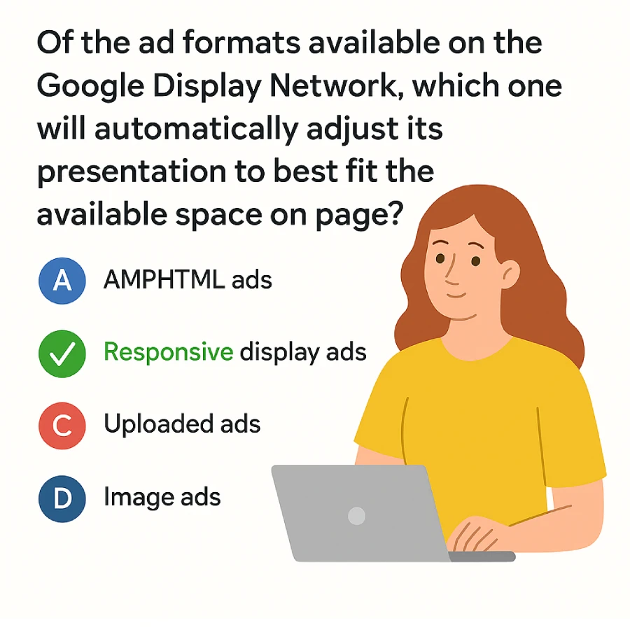 Flat-Style Digital Illustration Explaining Which Google Display Ad Format Automatically Adjusts To Fit Available Space, With Responsive Display Ads Marked As Correct.