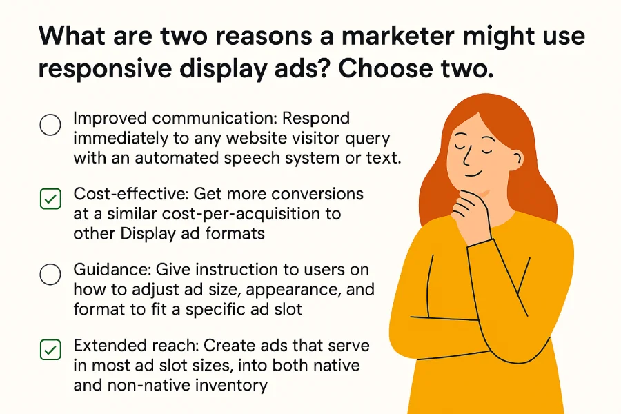 Flat digital illustration featuring a Google Ads question about responsive display ads, highlighting cost-effectiveness and extended reach as correct reasons for using RDAs.