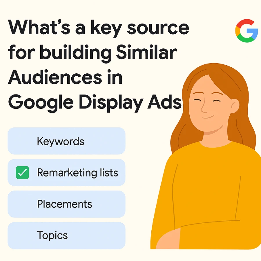 Flat-Style Digital Illustration Showing A Google Ads Display Question About Similar Audiences, With Remarketing Lists Marked As The Correct Source.
