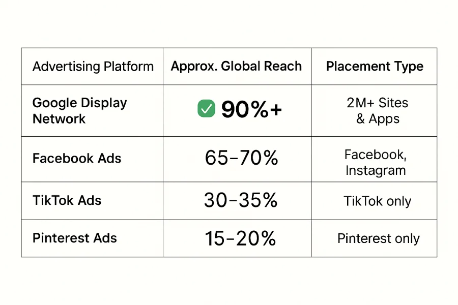 Loretta is the advertising director for a large meal-kit company. She’s setting up a Google Display Campaign to identify and engage with large audiences in order to extend their market reach. Which statement most accurately describes the reach a Google Display Campaign can provide Loretta? 2 Chart comparing global reach and ad placements for Google Display Network, Facebook Ads, TikTok Ads, and Pinterest Ads, showing Google Display at 90%+ reach.
