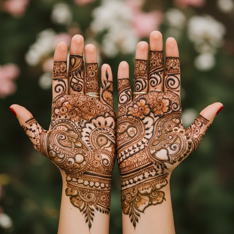 The Most Viral Mehndi Quotes for Instagram in 2025 7 Close-up of hands with artistic, fluid mehndi designs featuring elegant swirls and delicate lines, evoking grace and emotion, set against a soft, ethereal background with natural lighting, appealing to poetic souls.
