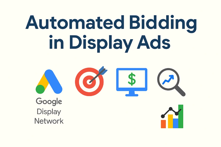 Feature Image Titled 'Automated Bidding In Display Ads' With Google Display Network Logo And Icons For Targeting, Cost Optimization, And Analytics.