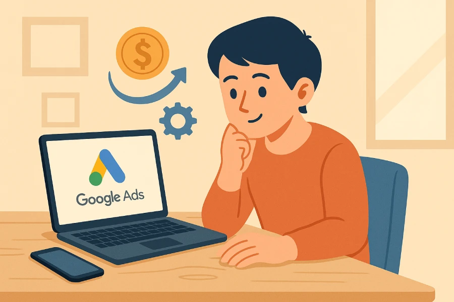 Illustration Of A Young Man Working On A Laptop With Charts And Data, Representing Automated Bidding In Google Ads.