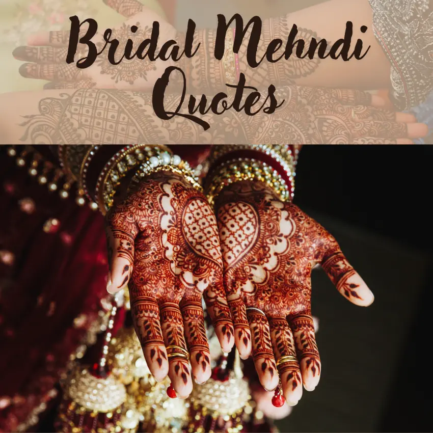 Top 200 Mehndi Quotes in Just 1 Minute — Easy If You Do It Smart 4 A bride shows her palms decorated with symmetrical, intricate Mehndi featuring a heart design at the center. The image includes ornate bangles, red attire, and the title “Bridal Mehndi Quotes” in elegant script on a soft overlay at the top.