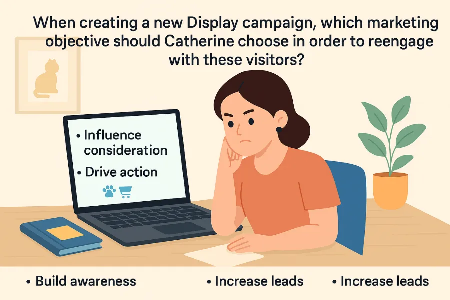Illustration Showing A Young Woman Named Catherine With A Google Display Ads Question About Choosing The Right Marketing Objective To Reengage Visitors, Along With Four Multiple-Choice Options.