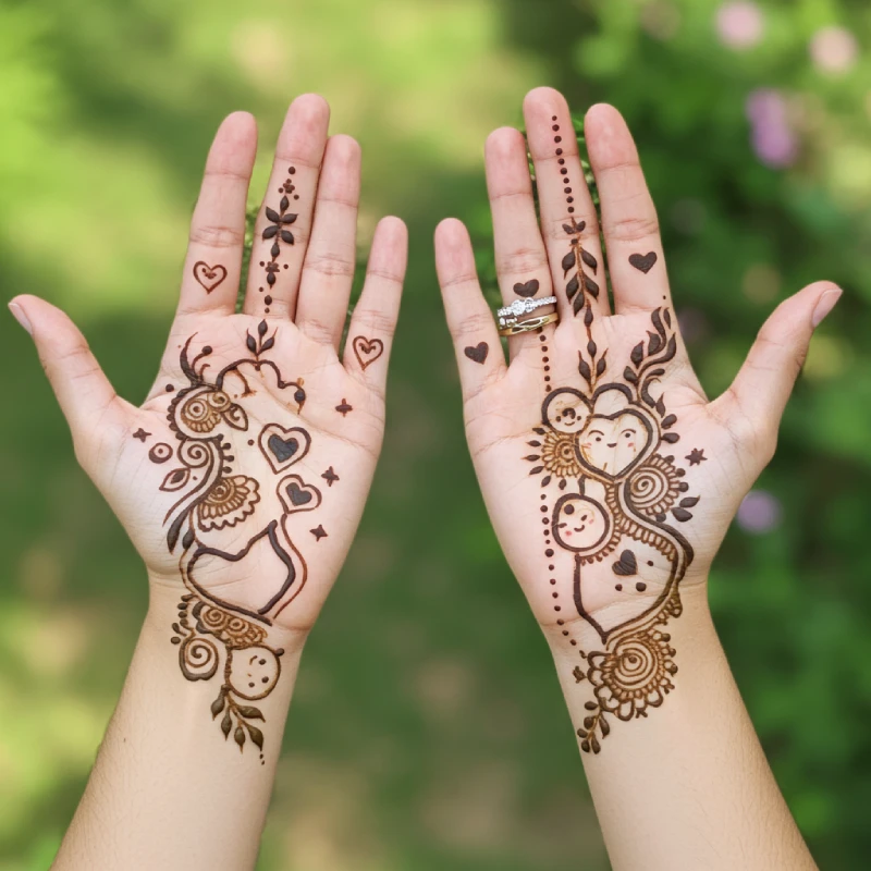 The Most Viral Mehndi Quotes for Instagram in 2025 8 Close-up of hands with cute, adorable, and playful mehndi designs featuring small hearts, stars, and whimsical patterns, set against a bright, cheerful, and slightly blurred background with warm, inviting lighting.