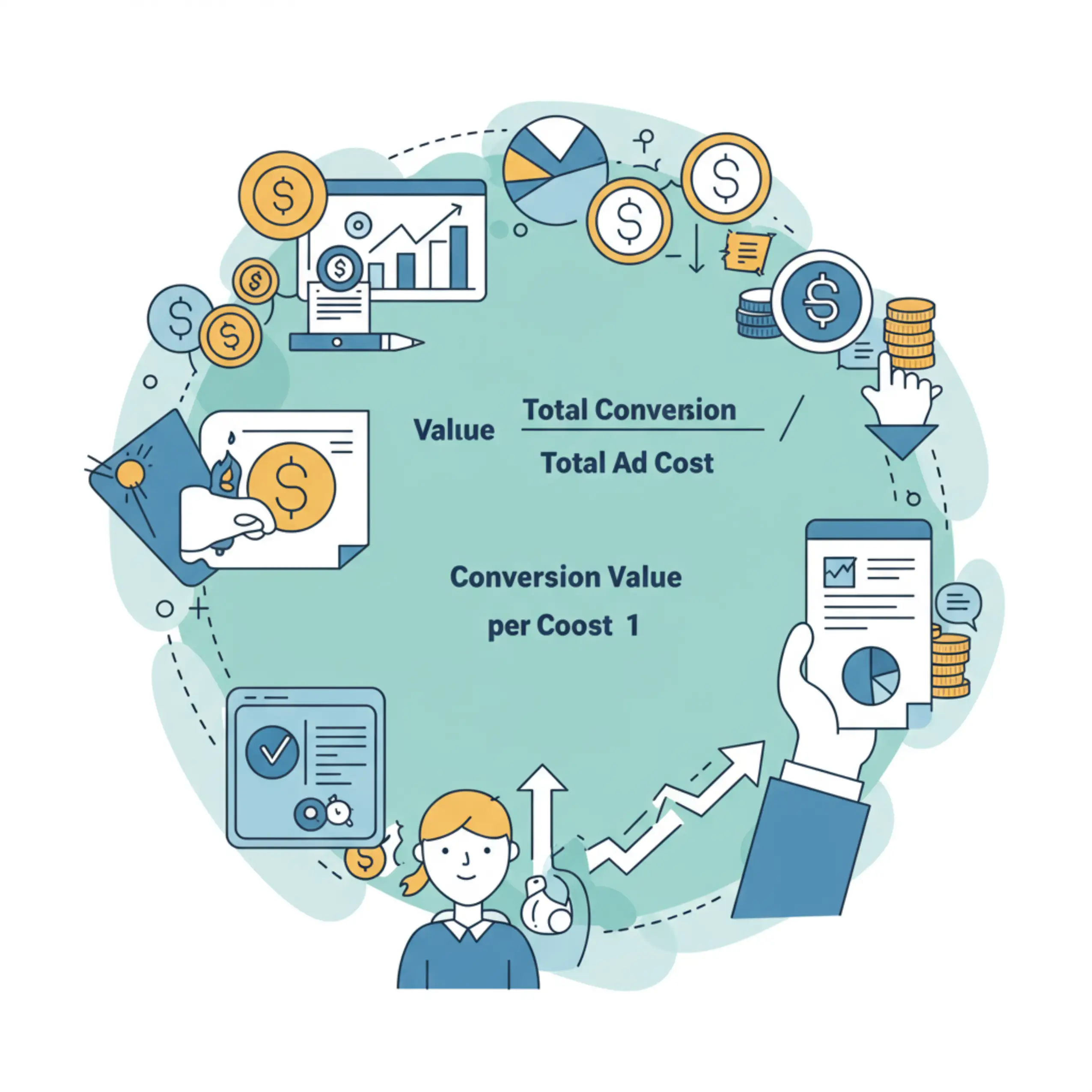A Professional Visual Representing 'Conversion Value Per Cost' Calculation In Digital Marketing: 'Total Conversion Value / Total Ad Cost = Conversion Value Per Cost'. Features Subtle Charts And Modern Icons For Value (Dollar Signs, Rising Arrows) And Cost (Downward Arrows, Budget Icons), Conveying Growth And Profitability.