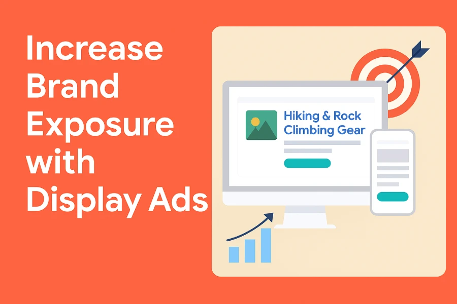 Flat-Style Digital Illustration Showing A Small Outdoor Gear Brand Running Google Display Ads To Reach Hikers And Climbers Across Websites And Devices.