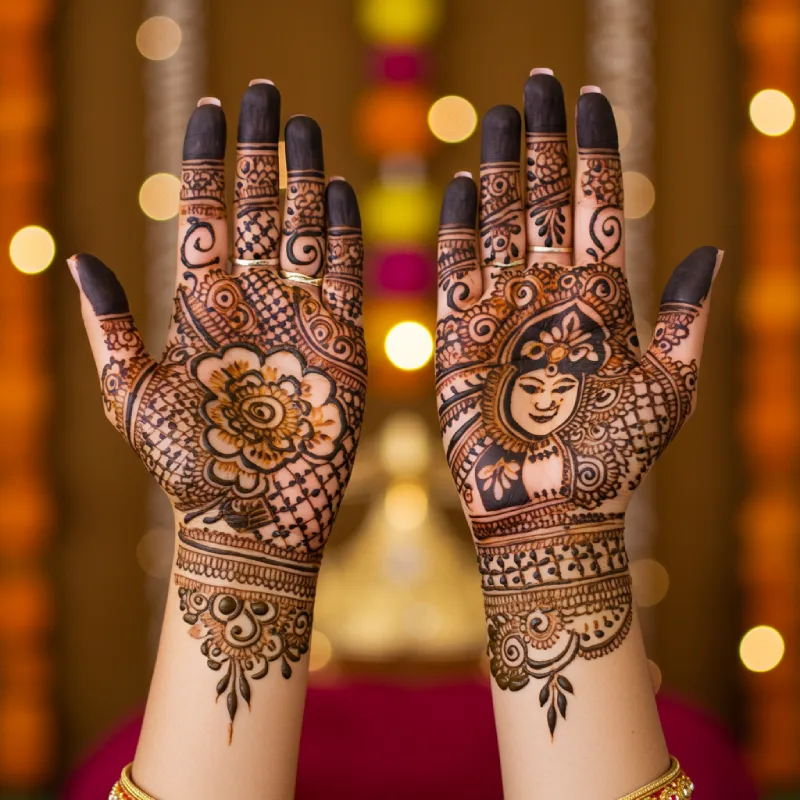 The Most Viral Mehndi Quotes for Instagram in 2025 3 Close-up of hands with vibrant, intricate mehndi designs suitable for festivals like Eid, Diwali, or Karva Chauth, set against a subtly blurred background suggestive of celebration with lights and colorful fabrics.