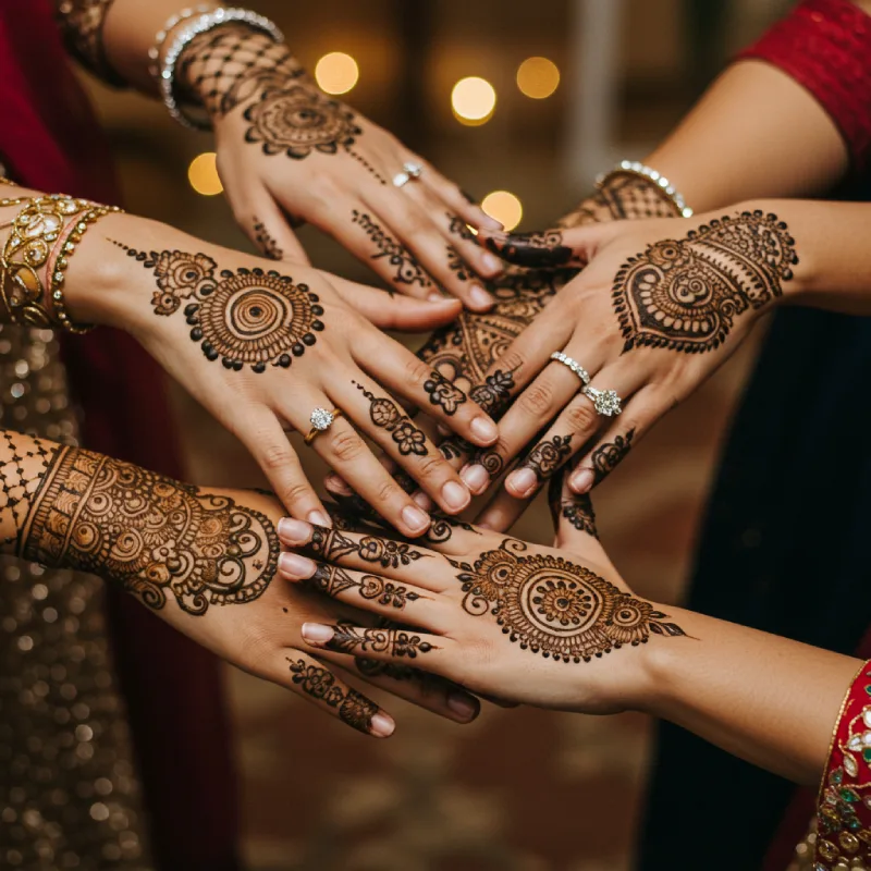 The Most Viral Mehndi Quotes for Instagram in 2025 4 Close-up of 3-4 hands with diverse skin tones, adorned with coordinated, playful, and elegant mehndi designs, positioned to reflect friendship and sisterhood, against a soft, celebratory, blurred background with warm lighting.