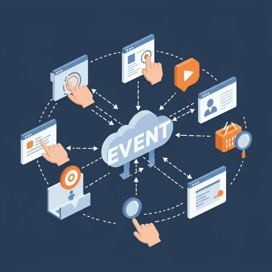What does Google Analytics 4 refer to as interactions on a website or app? 2 Illustration showing Google Analytics 4 event tracking system with user interactions like clicks, video views, form submissions, and purchases.