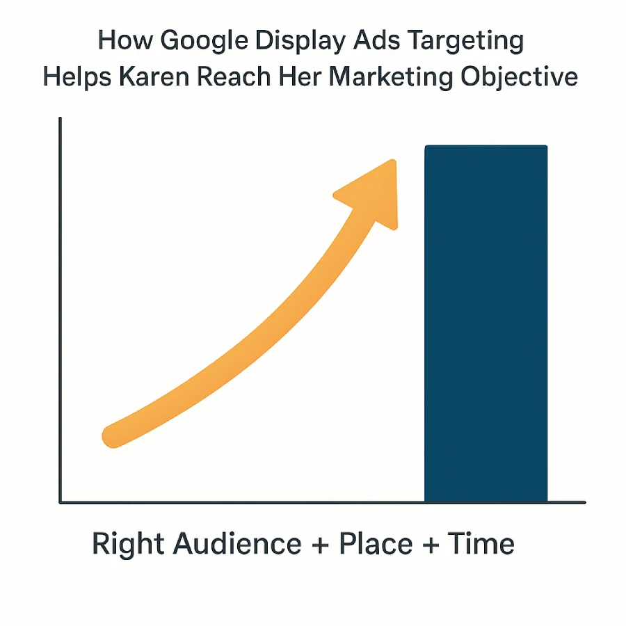 Karen has opened a new business and is using Google Display Ads to build awareness of her new products. How does Google Display Ads targeting help Karen reach her marketing objective? 3 Bar graph showing how Google Display Ads targeting helps reach the right audience through placement, demographics, interests, and timing.