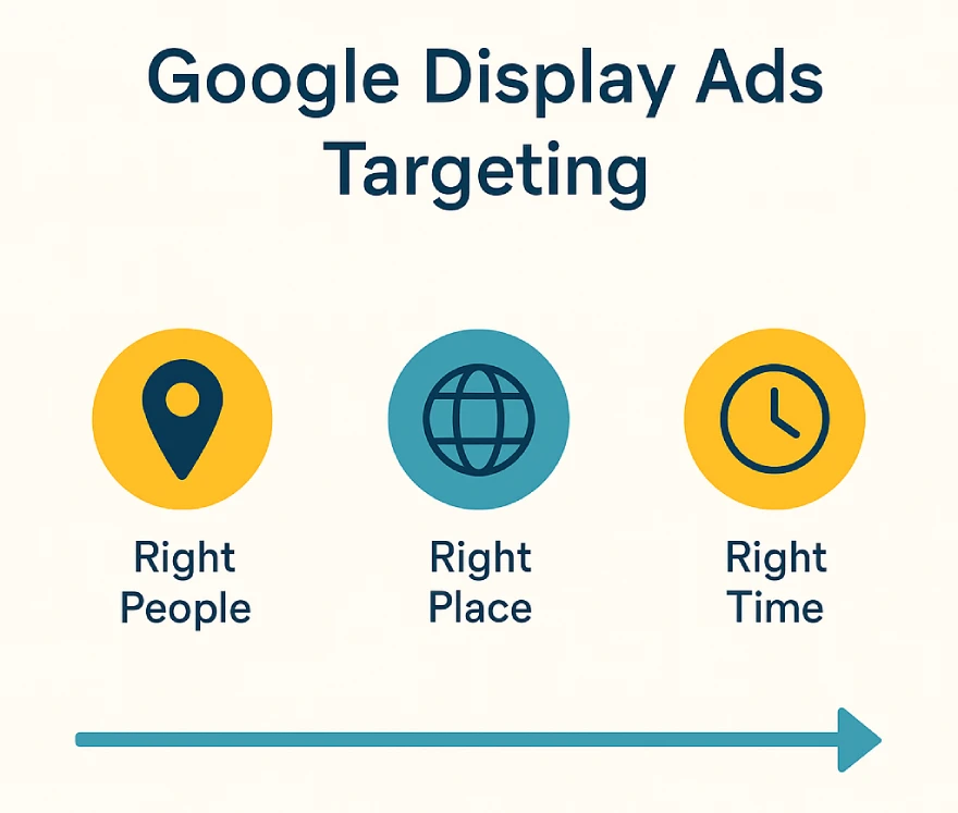 Karen has opened a new business and is using Google Display Ads to build awareness of her new products. How does Google Display Ads targeting help Karen reach her marketing objective? 2 Chart explaining how Google Display Ads targeting helps reach the right audience by placement, demographics, interests, and timing.
