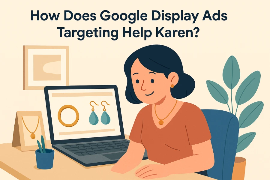 Illustration Of A Small Business Owner Managing Google Display Ads Campaign To Reach The Right Audience And Build Awareness.
