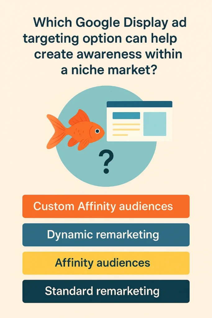 Amy has created a new brand for her company's goldfish training materials. She knows that other companies train goldfish and it is a popular sport, but realizes that it is a niche market. She wants to use a Google Display Ads campaign to build awareness for her new brand. Which Google Display ad targeting option can help Amy with her goal of creating awareness within her niche market? 2 Infographic illustrating different Google Display Ads targeting options including Custom Affinity, Dynamic Remarketing, Affinity, and Standard Remarketing.