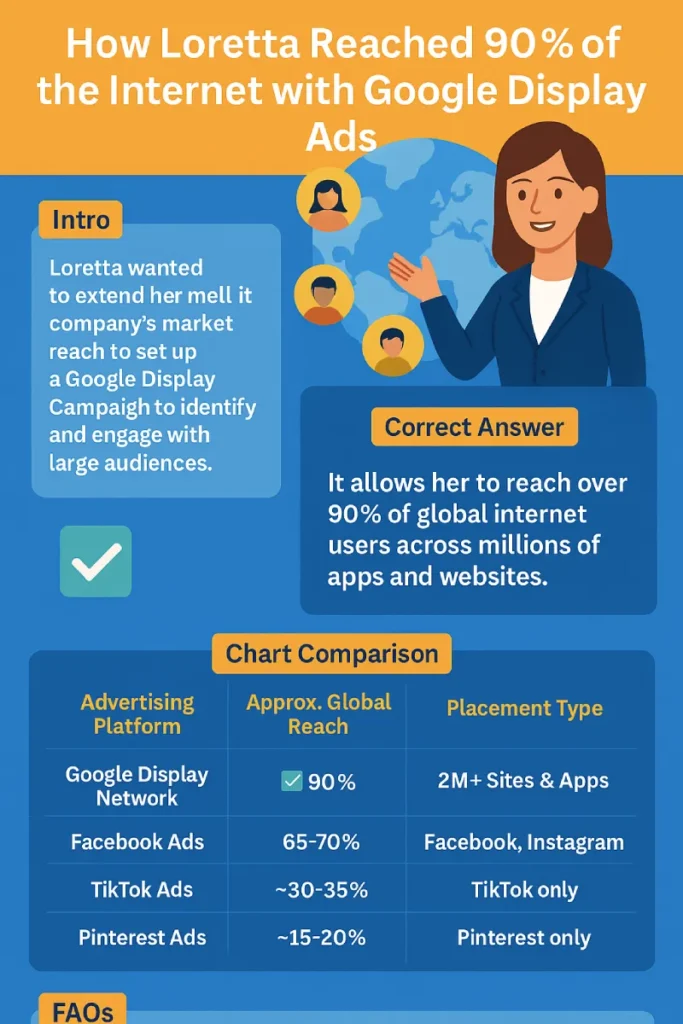 Loretta is the advertising director for a large meal-kit company. She’s setting up a Google Display Campaign to identify and engage with large audiences in order to extend their market reach. Which statement most accurately describes the reach a Google Display Campaign can provide Loretta? 3 Infographic showing how Loretta used Google Display Ads to reach over 90% of global internet users, with charts and visuals comparing ad platform reach.