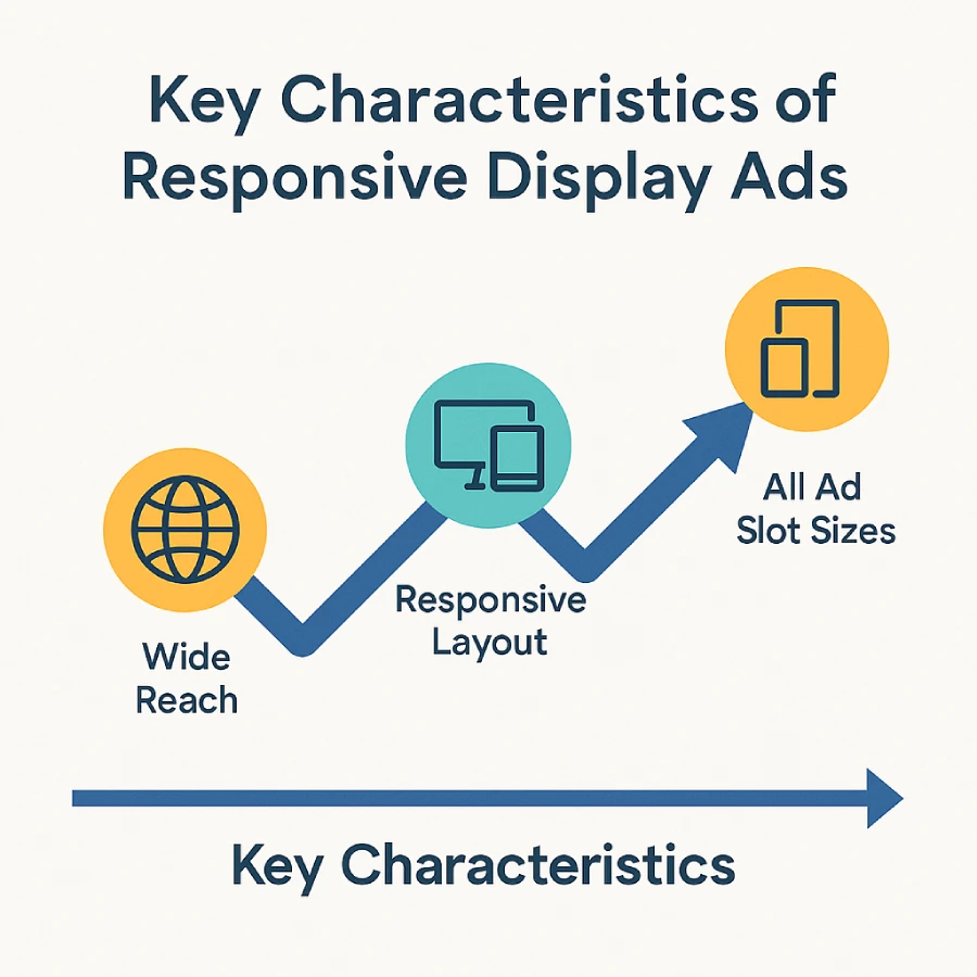 What’s a characteristic of Responsive Display Ads? 2 Infographic illustrating key characteristics of Responsive Display Ads: Wide Reach, Responsive Layout, and ability to serve in all ad slot sizes.