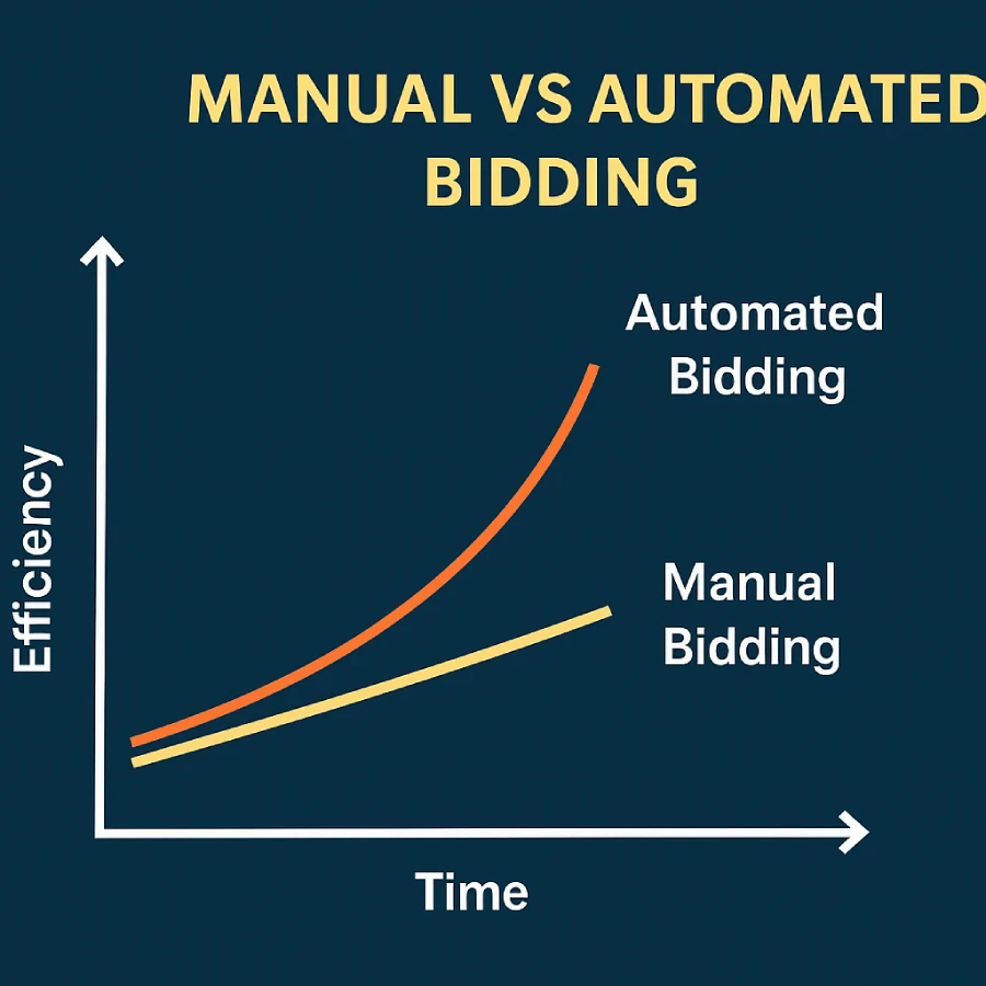 Why does automating your bid versus using manual bidding contribute to a successful Google Ads campaign? 2 Graph comparing manual bidding and automated bidding in Google Ads across features like bid adjustment, learning, time saving, intent-based bidding, and risk of missed conversions.
