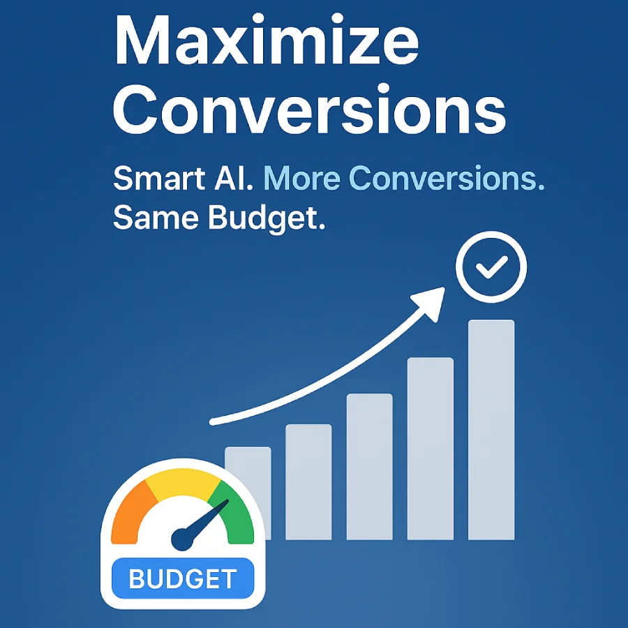 Infographic Showing Google Ads Maximize Conversions Strategy With Ai-Powered Budget Optimization And Increased Conversions Graph