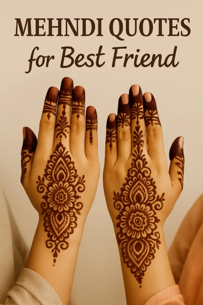 Top 200 Mehndi Quotes in Just 1 Minute — Easy If You Do It Smart 12 Two women’s hands side by side, beautifully decorated with symmetrical floral Mehndi designs, with the title “Mehndi Quotes for Best Friend” above, set against a soft beige background.