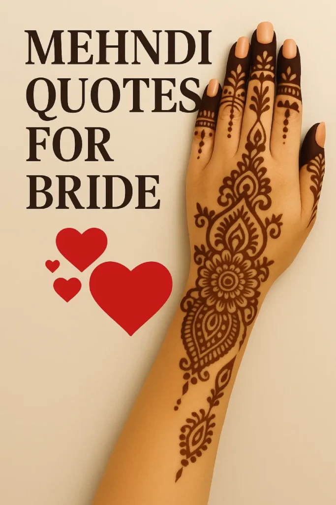 Top 200 Mehndi Quotes in Just 1 Minute — Easy If You Do It Smart 9 A bride’s hand beautifully decorated with detailed Mehndi designs, placed next to the bold text “Mehndi Quotes for Bride” and three red hearts on a beige background, celebrating love and bridal tradition.