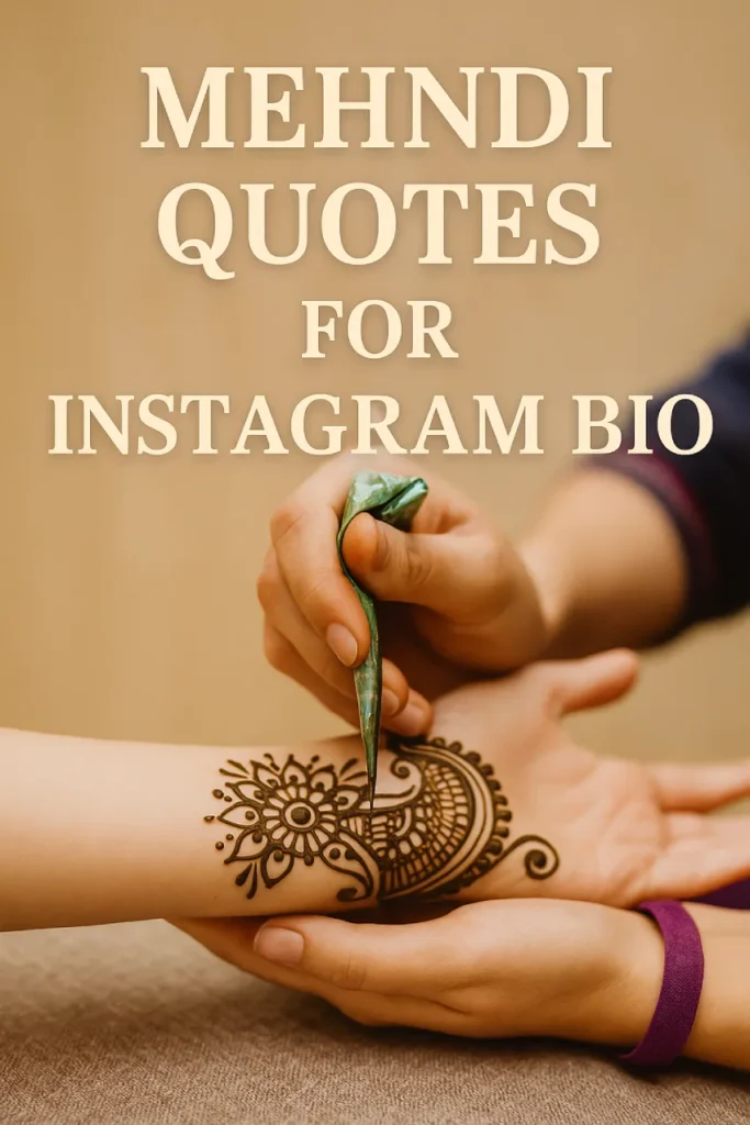 Top 200 Mehndi Quotes in Just 1 Minute — Easy If You Do It Smart 13 A close-up of a henna artist applying an intricate Mehndi design to a woman’s hand, with the text “Mehndi Quotes for Instagram Bio” above, set against a soft beige background.