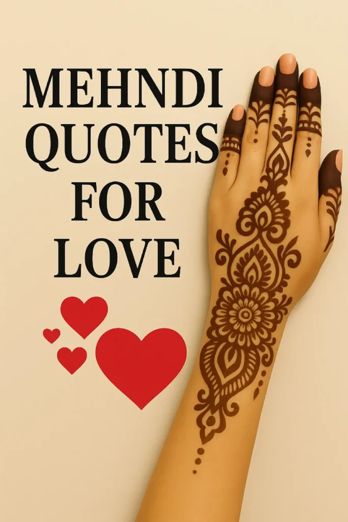 Top 200 Mehndi Quotes in Just 1 Minute — Easy If You Do It Smart 10 A romantic-themed image showing a beautifully decorated hand with Mehndi (henna) designs next to the bold text “Mehndi Quotes for Love” and four red hearts on a soft beige background, symbolizing love and tradition.