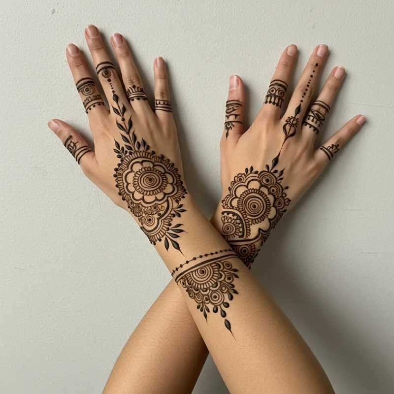 The Most Viral Mehndi Quotes for Instagram in 2025 5 Close-up of hands with simple, chic, and stylish modern minimalist mehndi patterns, set against a clean, muted background with soft lighting, emphasizing elegance and contemporary aesthetics.