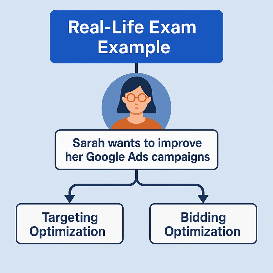 What are the two types of optimization? Choose two. 2 Flowchart showing Sarah improving her Google Ads campaigns using targeting optimization and bidding optimization.