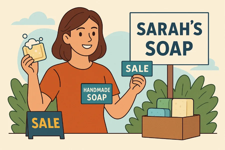 What are two examples of the types of audiences you could reach when using Affinity Audiences as a targeting option? (Choose two.) 4 Illustration of Sarah, a young woman promoting her handmade soap business outdoors with a 'Handmade Soap' sign and a 'Sale' sign, smiling confidently.