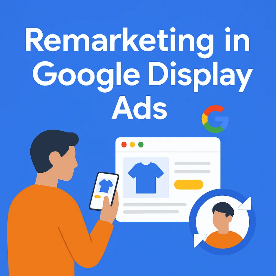 Flat-Style Digital Graphic Showing A Person Viewing A Blue T-Shirt Ad On Mobile And Desktop With Retargeting And Google Display Ads Interface Elements.