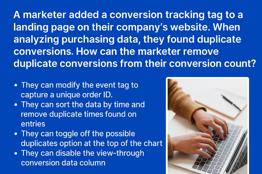 A Marketer Working On A Laptop At A Wooden Desk With Text Overlay Showing A Google Ads Certification Question About Removing Duplicate Conversions.