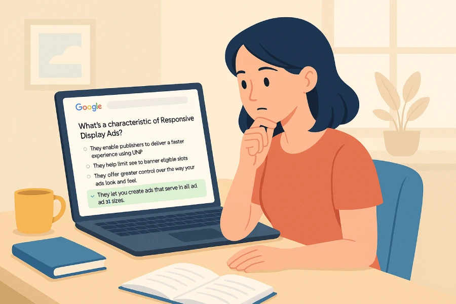 Illustration Of A Young Woman At A Desk Studying Google Ads Exam Question About Responsive Display Ads On Her Laptop, With A Coffee Mug And Open Book Nearby.