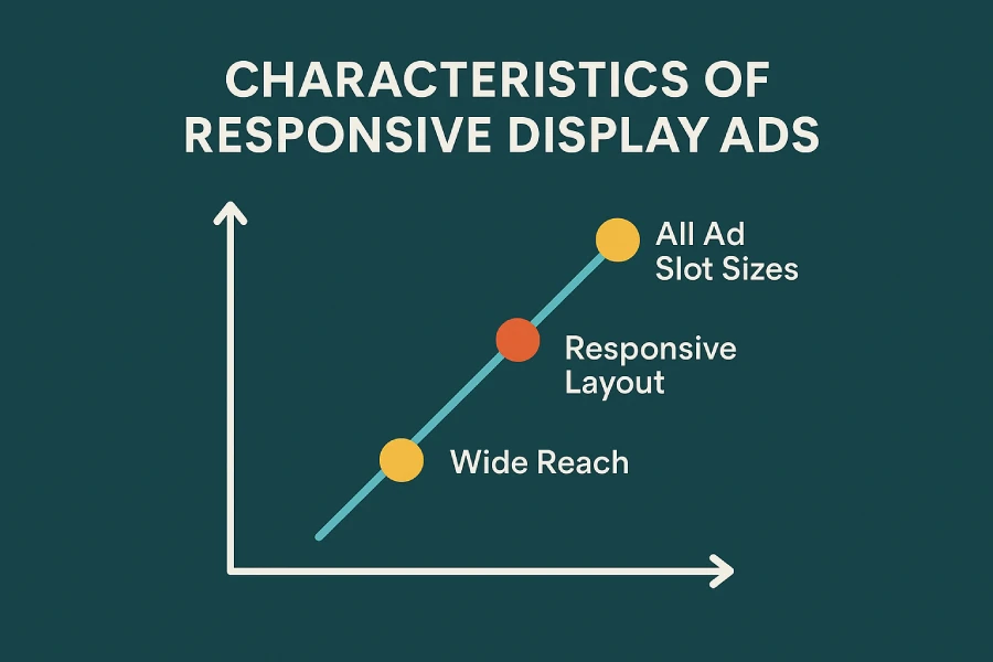 What’s a characteristic of Responsive Display Ads? 3 Graph showing three key characteristics of Responsive Display Ads: Wide Reach, Responsive Layout, and serving in All Ad Slot Sizes.