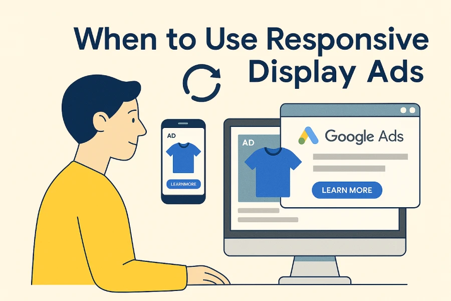 Illustration Of Google Responsive Display Ads Adapting To Different Screen Sizes With Ai Optimization Icons, Targeting Charts, And Mobile Devices.