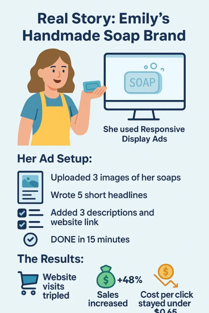 What's provided by Responsive Display Ads? 3 Infographic showing how Emily used Responsive Display Ads to promote her handmade soap business, including her quick ad setup process and increased results.