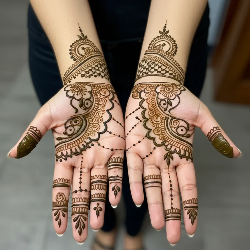 The Most Viral Mehndi Quotes for Instagram in 2025 6 Close-up of hands with a simple yet impactful, aesthetically pleasing mehndi design, featuring clear lines and artistic expression, set against a clean, minimalist background with bright, flattering lighting.