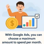 Illustration of a small business owner using a laptop to control Google Ads budget and reach customers efficiently.