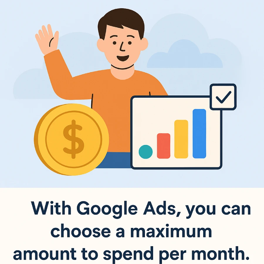 Illustration Of A Small Business Owner Using A Laptop To Control Google Ads Budget And Reach Customers Efficiently.