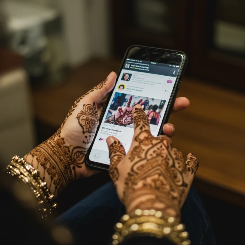 The Most Viral Mehndi Quotes for Instagram in 2025 9 Close-up of hands with elegant mehndi designs subtly holding a smartphone displaying blurred social media elements, conveying smart application of mehndi content for viral reach.